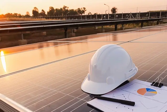 Solar panel with a hard hat and financial growth graphics representing Financing community ownership in renewable energy mechanisms discussed in Session 4
