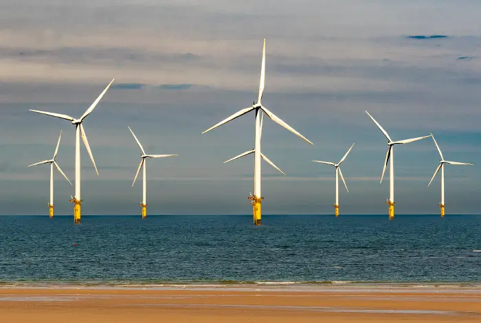 A field of offshore wind turbines in the sea viewed from a coastline, representing large-scale marine energy developments and community participation research