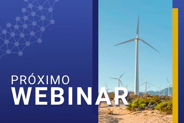 Banner de próximo webinar de JustRE sobre resistencia social en la implementación de energía renovable, mostrando turbinas eólicas de fondo