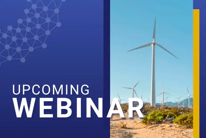 Upcoming JustRE webinar banner about social resistance on renewable energy implementation, featuring wind turbines in the photo