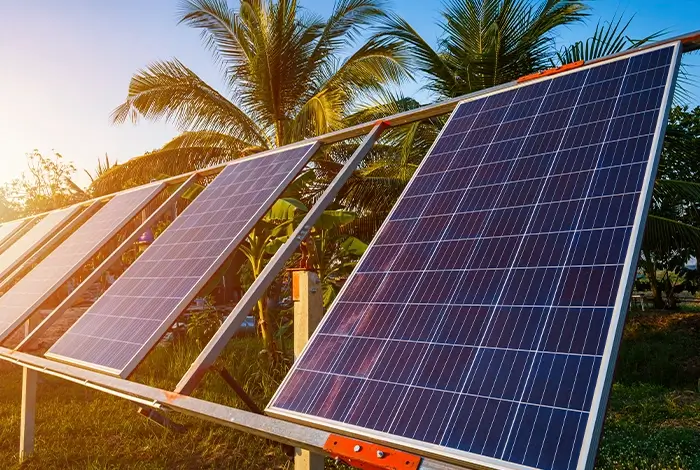 Row of ground-mounted solar panels in a sunny rural landscape representing First Nations community energy transition in Australia.