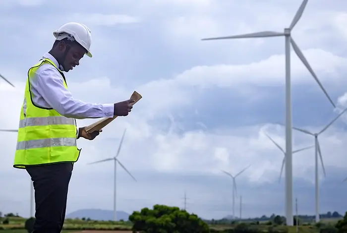 Engineers and a community representative reviewing plans near solar panels at a wind farm.
